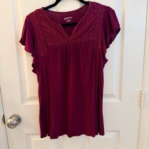 Merona Burgundy Eyelet Yoke Flutter Sleeve Tunic Top